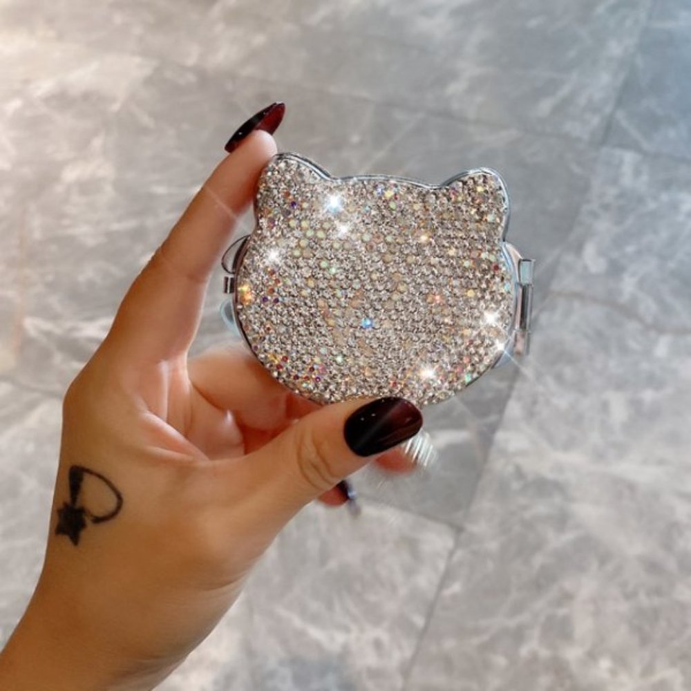 NWT Sparkling Bling Swarovski Crystal Rhinestone Cat Shape Compact Mirro… - Picture 2 of 5